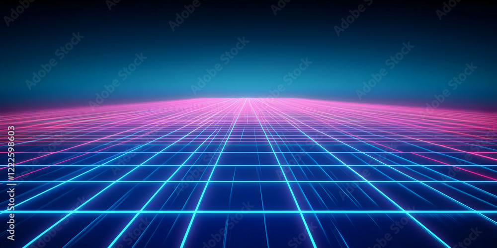 Poster abstract neon grid background creates a futuristic landscape with glowing lines and a retro vibe
