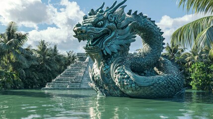 Fototapeta premium Majestic Chinese Dragon Fountain Embracing Mayan Pyramid with Cinematic Water Reflections - Ultra-Detailed Fantasy Sculpture Photo