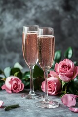 romantic dinner and two glasses of champagne, Generative AI,