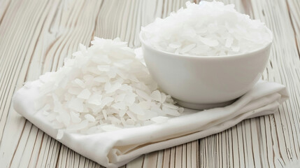 White bath salt spilled granules falling into a pile. ceramic bowl. Gray color studio background. Condiment particles dropping. Clean cosmetic bath salt pouring footage.