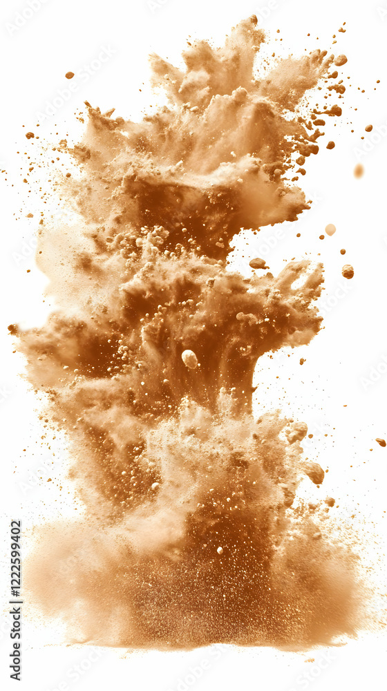 Aufkleber brown powder exploding creates a dynamic plume with particles dispersing powerfully and dramatically