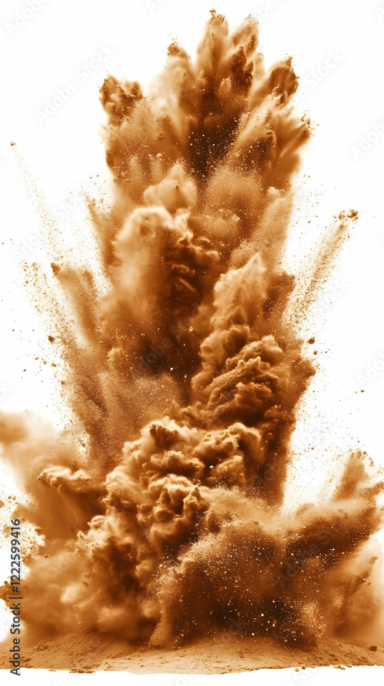 Poster brown powder explodes upward creating a dynamic plume on a white background