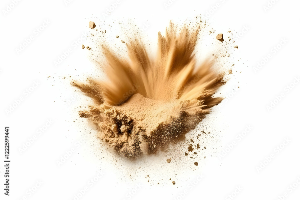Aufkleber brown powder explodes creating dynamic dust cloud on white background