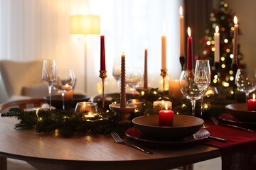 Festive table setting in room decorated for Christmas. Bokeh effect