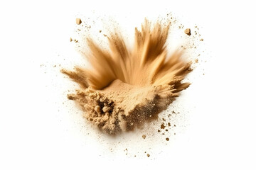 Brown Powder Explodes Creating Dynamic Dust Cloud on White Background