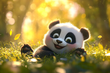 Fototapeta premium Charming Panda Enjoying Bamboo In A Sunlit Forest, Surrounded By Vibrant Greenery And Peaceful Wilderness. Generative AI