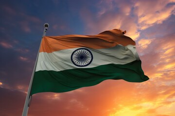 National flag of india waving in the wind against a beautiful sunset sky