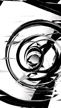 Parallax movement, layered transparent shapes with blur effects, high-contrast black and white with color overlays, depicts depth and dimension
