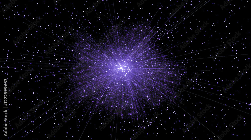 Poster purple light explodes in space with twinkling stars and streaks gracefully across the vast expanse