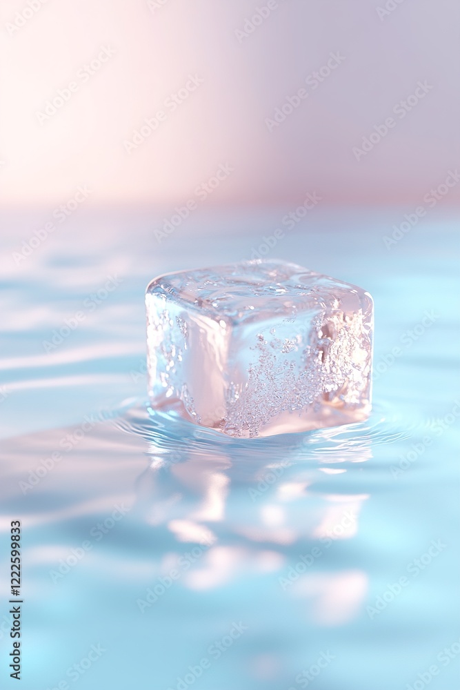 Poster a glowing ice cube gradually melts into a tranquil pool of soft blue water, symbolizing stress disso