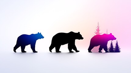 Fototapeta premium Three Bear Silhouettes with Gradient Color Effects and Forest Detail