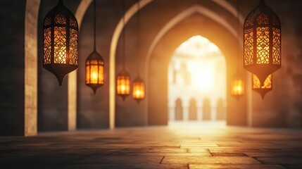 Shahada inscribed on glowing ceremonial lamps in a mosque, light of devotion, 3D illustration