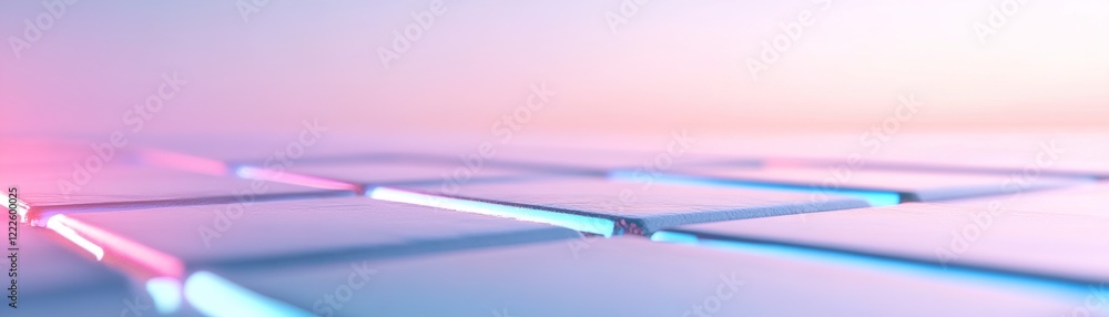 Poster bright neon grid extends toward the horizon, creating a striking visual against a sleek metallic sur