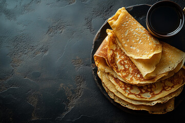 Thin pancakes or crepes stacked on a dark plate with syrup, forming a tempting dish for celebrating pancake day copy space