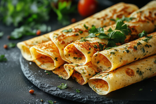 Ukrainian blini stacked, topped with parsley, representing traditional maslenitsa celebration and festive culinary heritage