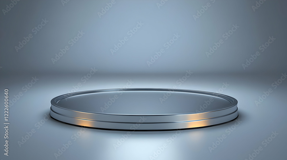Poster empty round silver podium stands on a gray studio background with soft lighting for product placemen