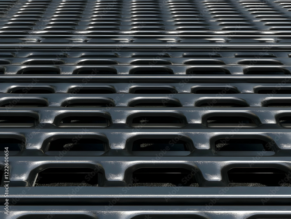 Poster dark metallic grid with rectangular openings spans vertically, creating a repetitive pattern