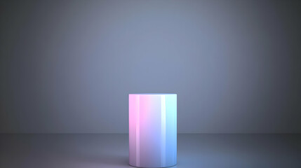 3D Render of a White Cylinder Podium with Pink and Blue Lighting on a Dark Gray Background