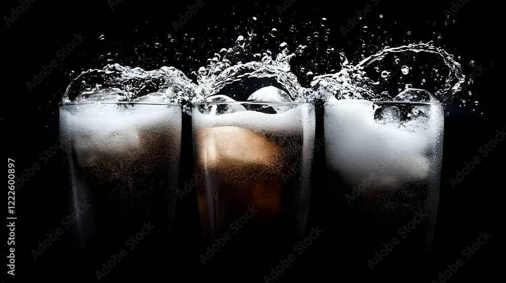 Poster three glasses overflowing with iced cold beverage splashing dynamically on a black background