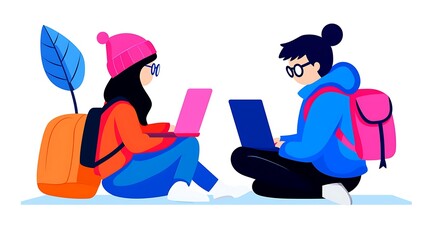 Two Students Collaborating on Laptops Outdoors