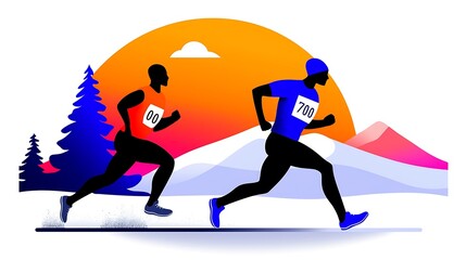 Two Runners Racing Toward Sunset in Snowy Mountains