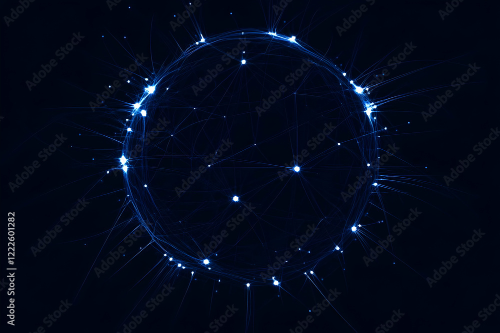 Aufkleber abstract blue sphere with interconnected nodes and shining light rays on a dark background