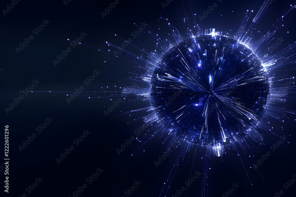Poster abstract blue sphere emits light rays dynamically in dark background abstractly