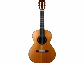 Obraz premium Classic Acoustic Guitar Stands Tall on a White Background, Ready to Play.