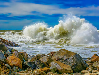 Powerful Ocean Waves Crashing Against Rocky Shore with Dramatic Sky