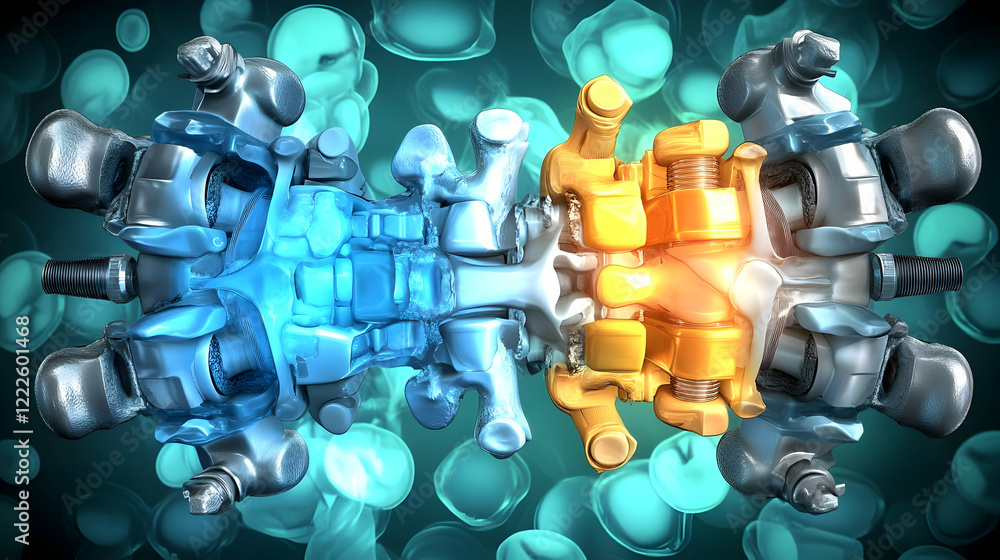 Poster complex mechanical structure with blue and gold components on a cellular background