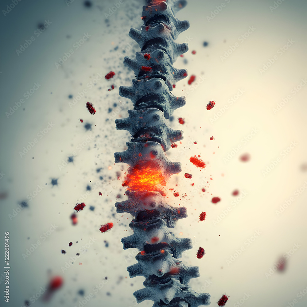 Poster 3d render of spine with red particles exploding from a damaged vertebra, scientific visualization