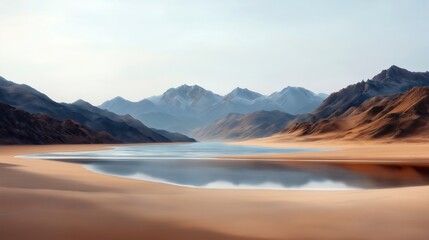 Obraz premium Majestic landscape of serene mountains reflecting in tranquil waters at dawn in a remote desert valley. Generative AI