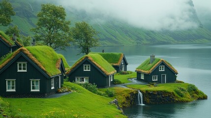 Obraz premium Serene Green Roof Houses by the Fjord