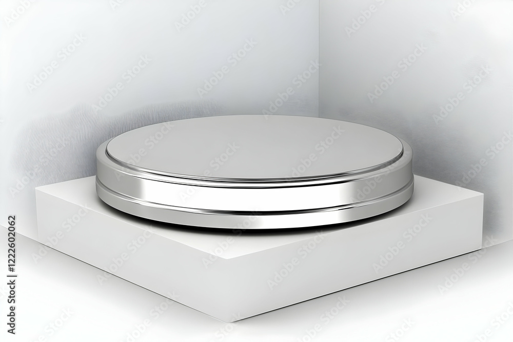Poster 3d render of empty round metallic podium on white square pedestal in corner background