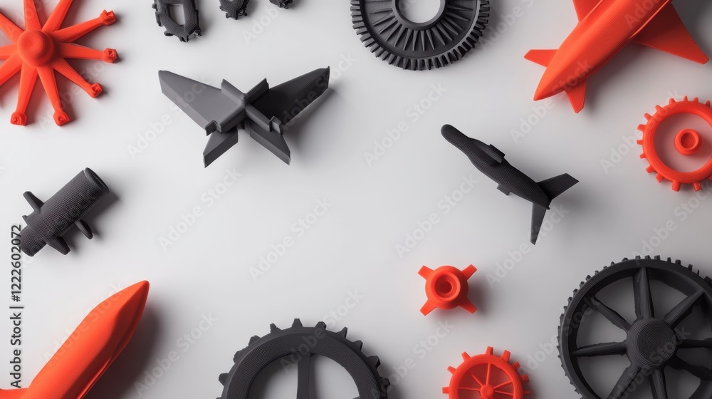 Poster colorful 3d printed models of various objects arranged on a light background for creative display