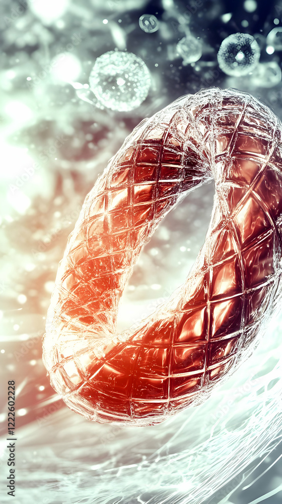 Poster 3d rendered abstract torus with cellular background shows futuristic design