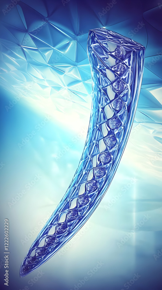 Poster abstract blue structure resembles a horn with embedded spheres in a geometric background