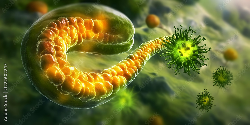 Poster microscopic view of bacteria interacting with a larger cell structure in a biological environment