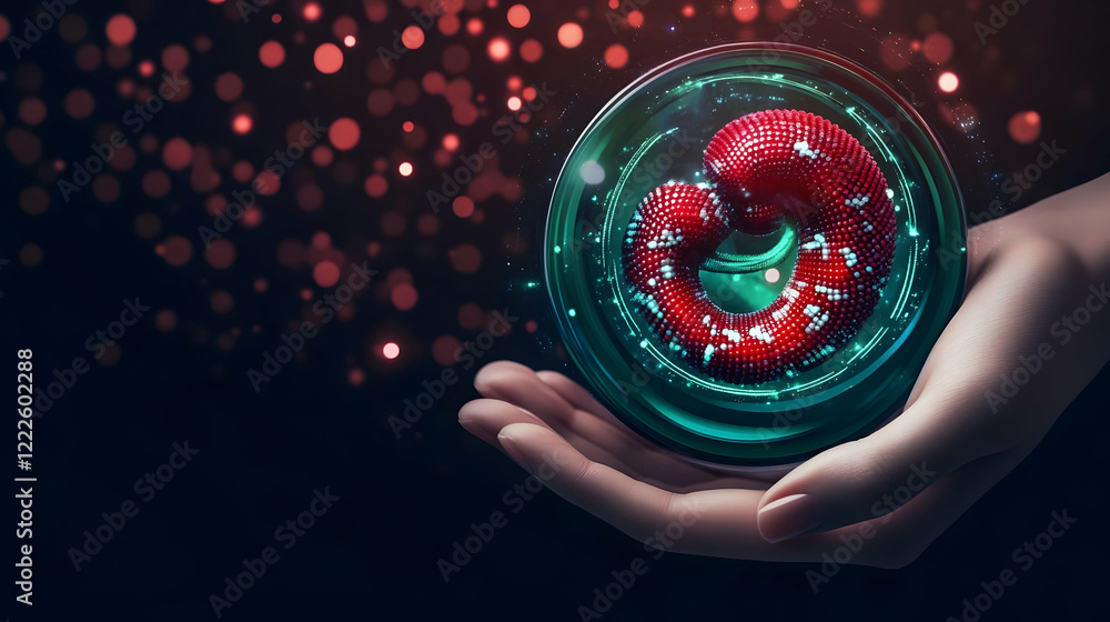 Poster hand holds glowing sphere containing red abstract spiral form with dots on dark bokeh background