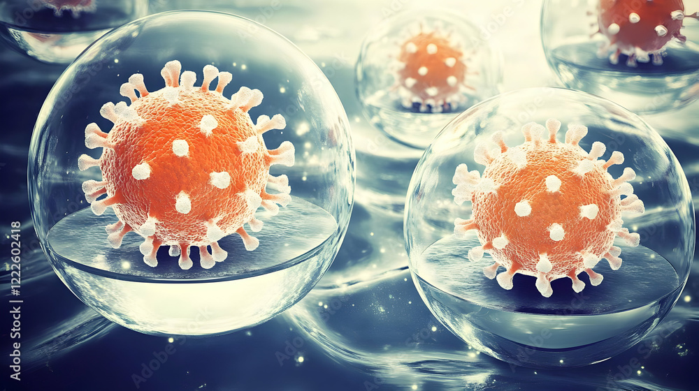 Poster microscopic 3d illustration of viruses encapsulated in bubbles floating on a liquid surface