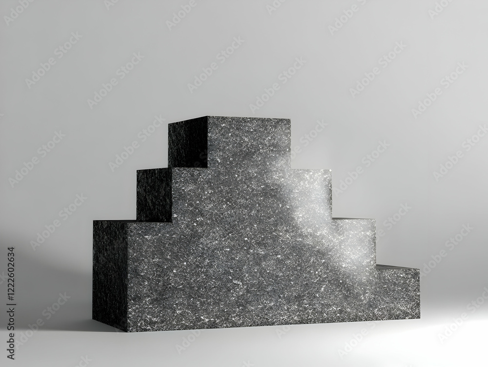 Aufkleber three black stone cubes form a tiered structure on a gray background in a 3d render