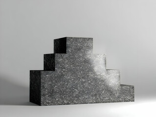 Three Black Stone Cubes Form a Tiered Structure on a Gray Background in a 3D Render