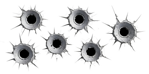 Collection set of metal bullet holes isolated on transparent or white background
