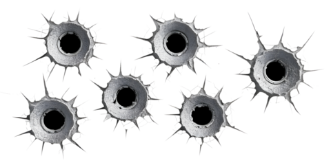 Collection set of metal bullet holes isolated on transparent or white background
