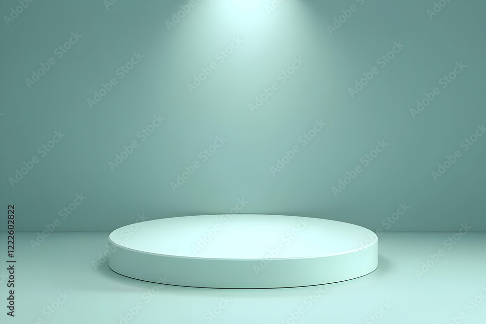 Poster 3d rendered minimalist scene with a cylindrical podium illuminated by a spotlight in a soft green se