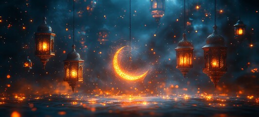 Enchanted Night Scene with Glowing Lanterns Floating Around a Large Crescent Moon


