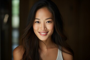 Fototapeta premium Portrait of a beautiful smiling young asian woman with long hair posing indoors
