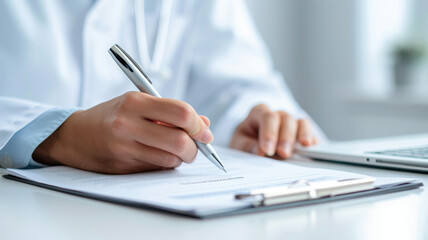 close up of healthcare professional hand writing on document, emphasizing focus and precision in medical or clinical setting