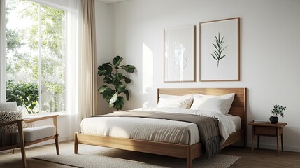 Fototapeta premium Waste reduction minimalist idea. Modern bedroom with natural light, plants, and minimalistic decor for a serene atmosphere.