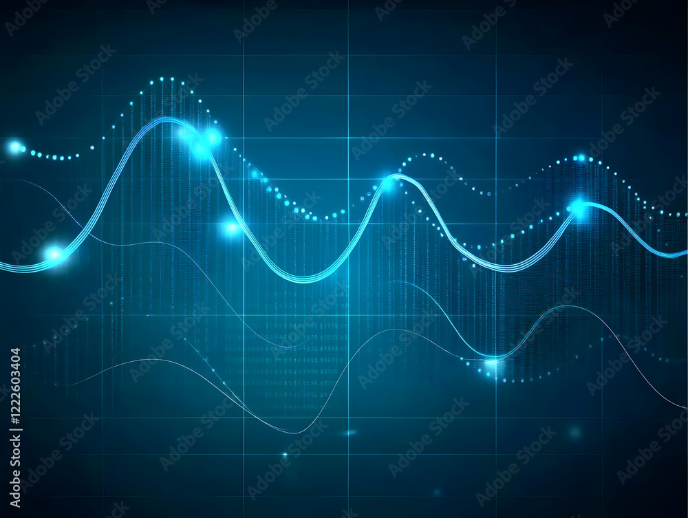 Aufkleber glowing blue data stream flows smoothly across a dark digital grid background